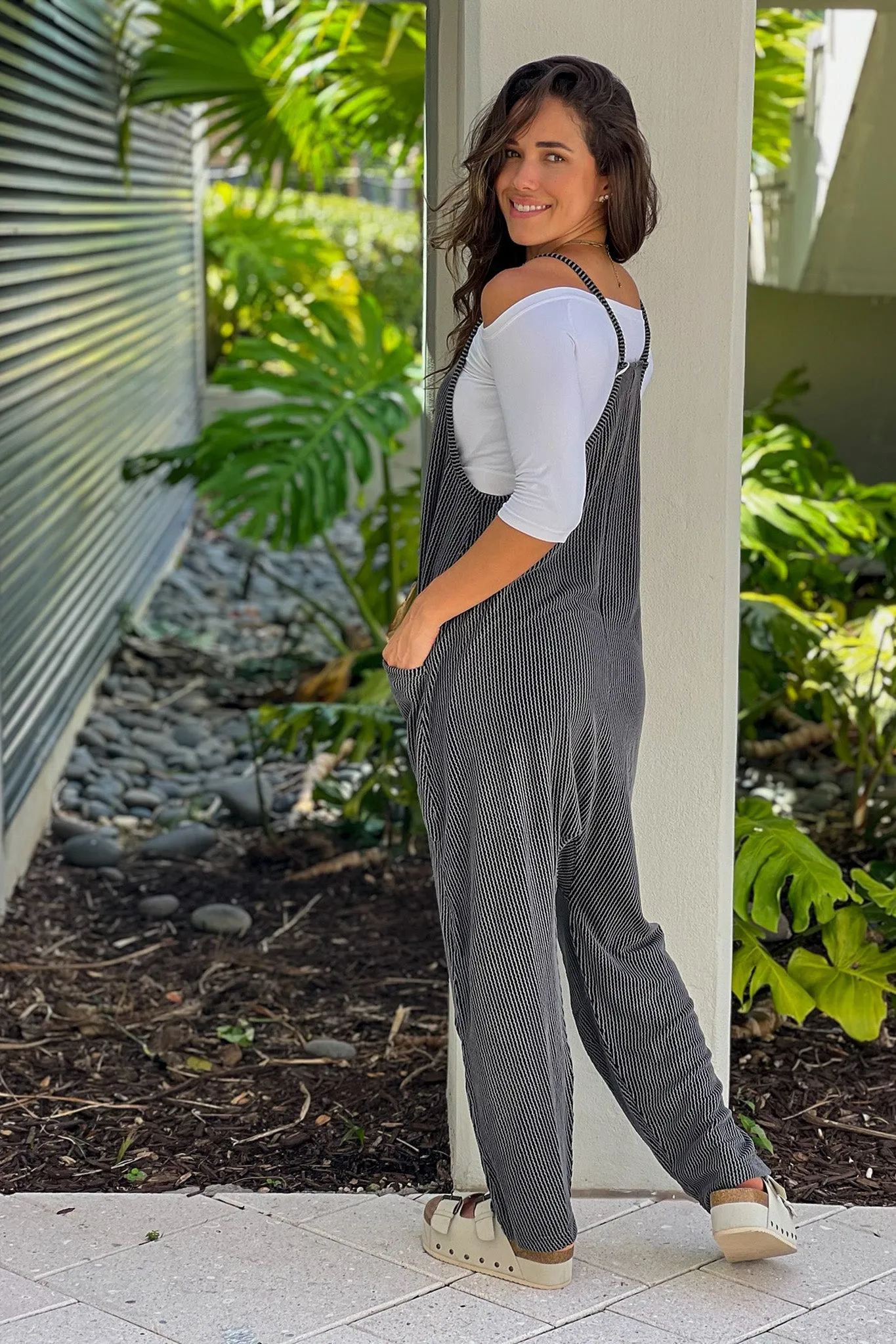 Charcoal Black Ribbed Jumpsuit With Pockets