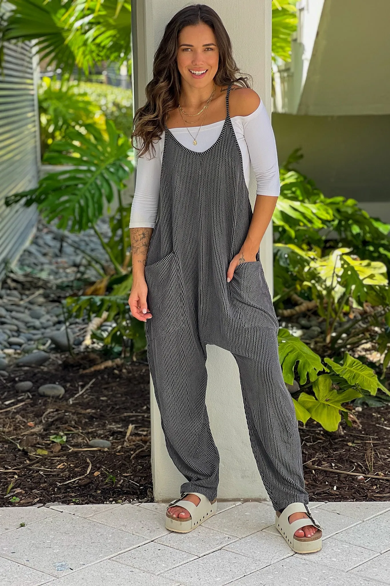Charcoal Black Ribbed Jumpsuit With Pockets