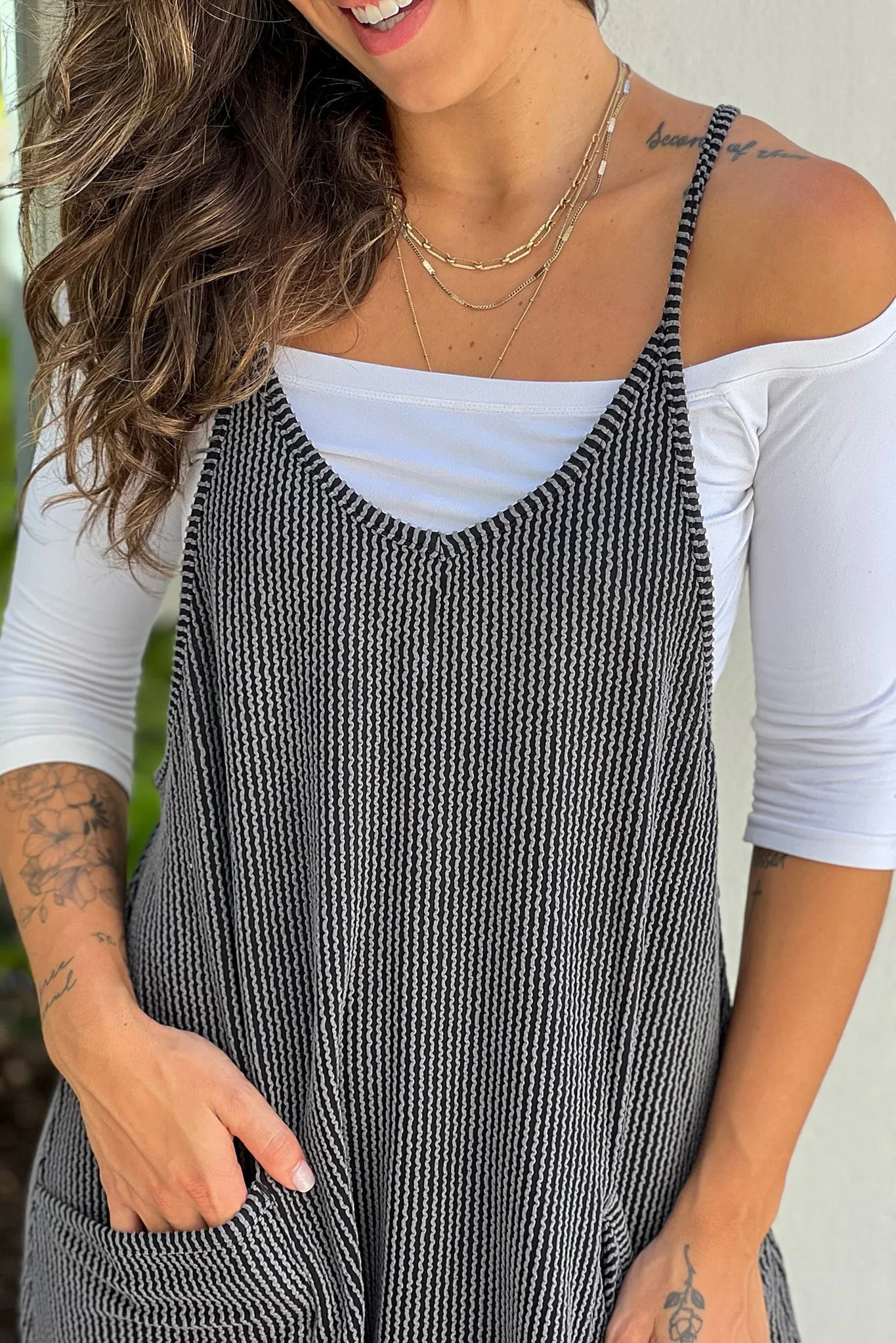 Charcoal Black Ribbed Jumpsuit With Pockets