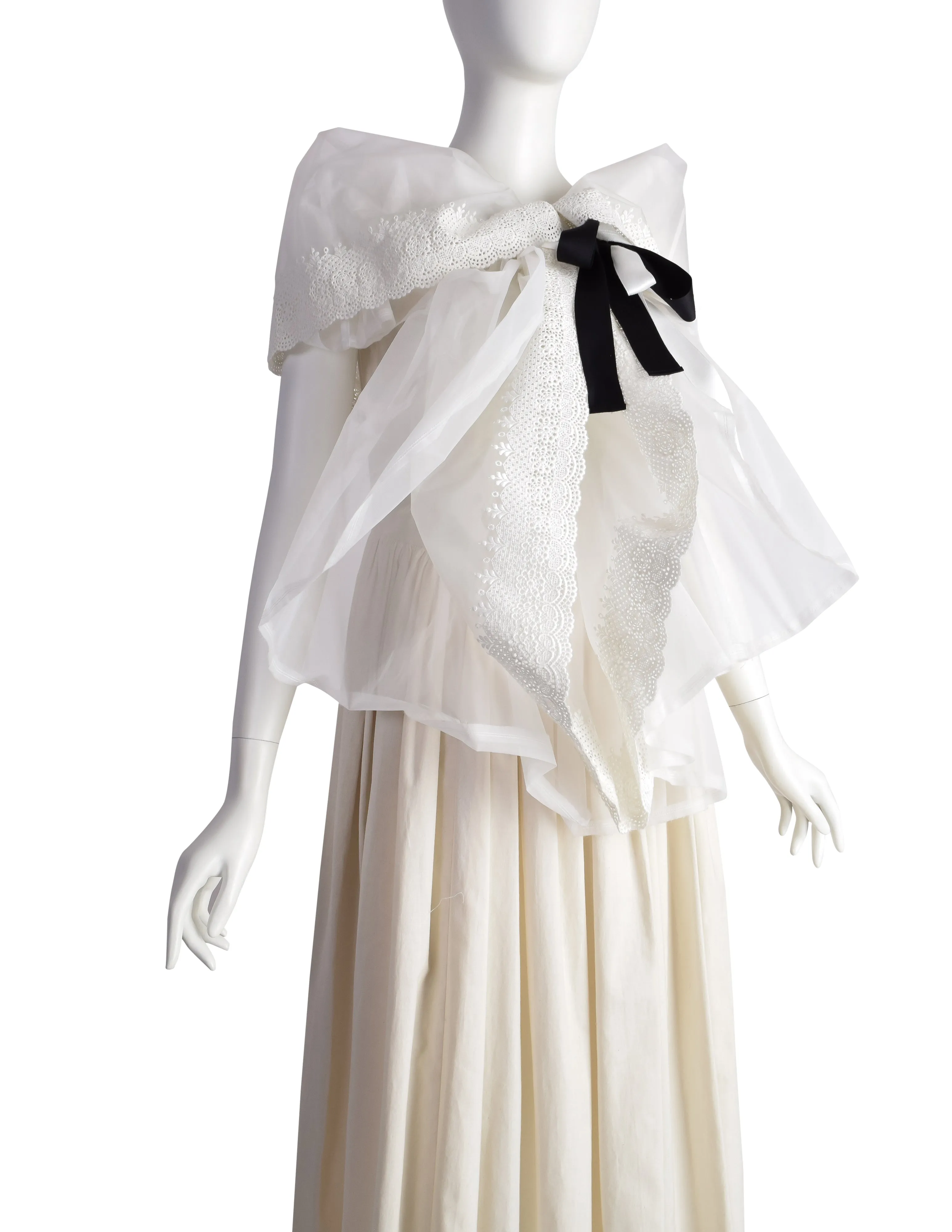 Comme des Garcons Vintage SS 2002 Off-White Full Skirt Runway Dress with Huge Layered Embroidered Lace Collar
