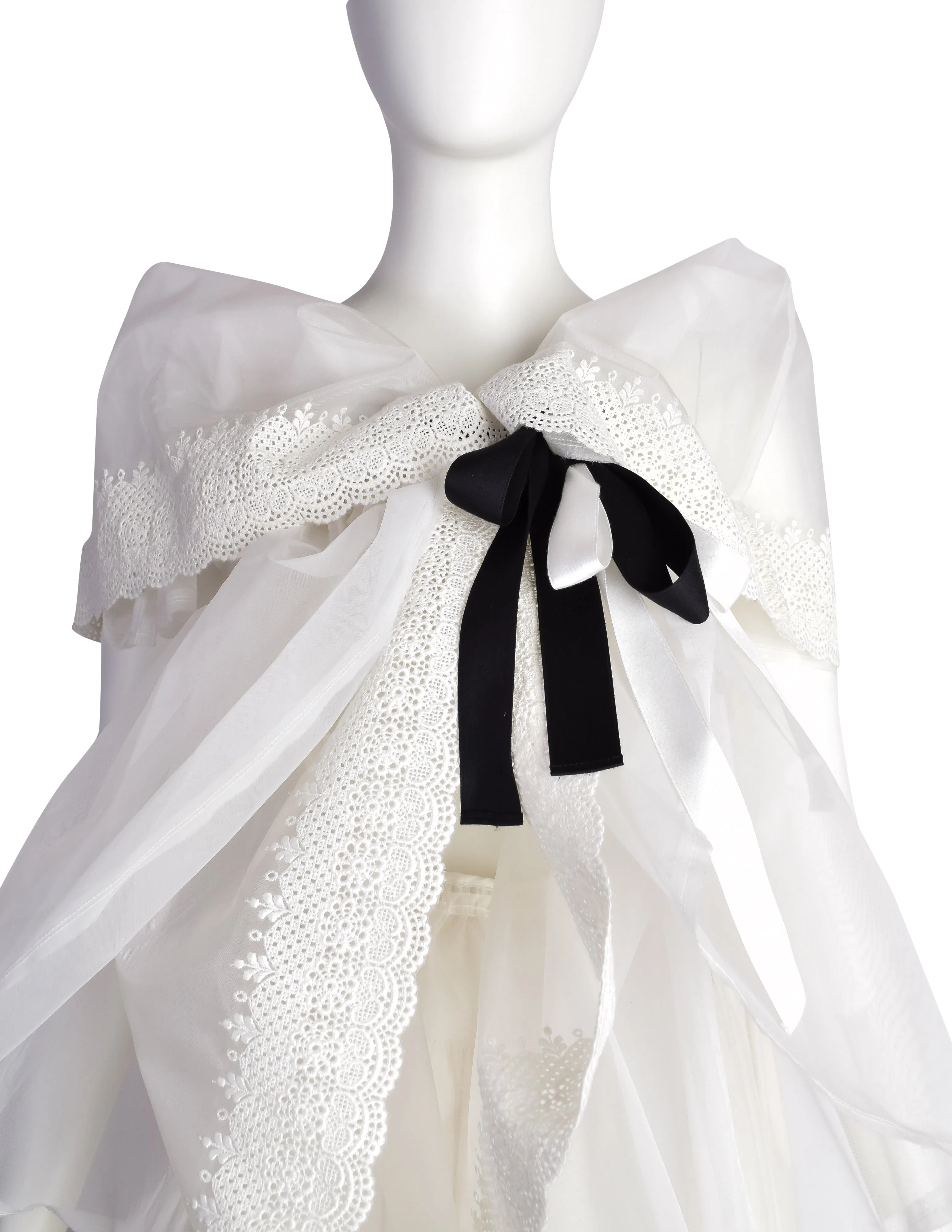 Comme des Garcons Vintage SS 2002 Off-White Full Skirt Runway Dress with Huge Layered Embroidered Lace Collar