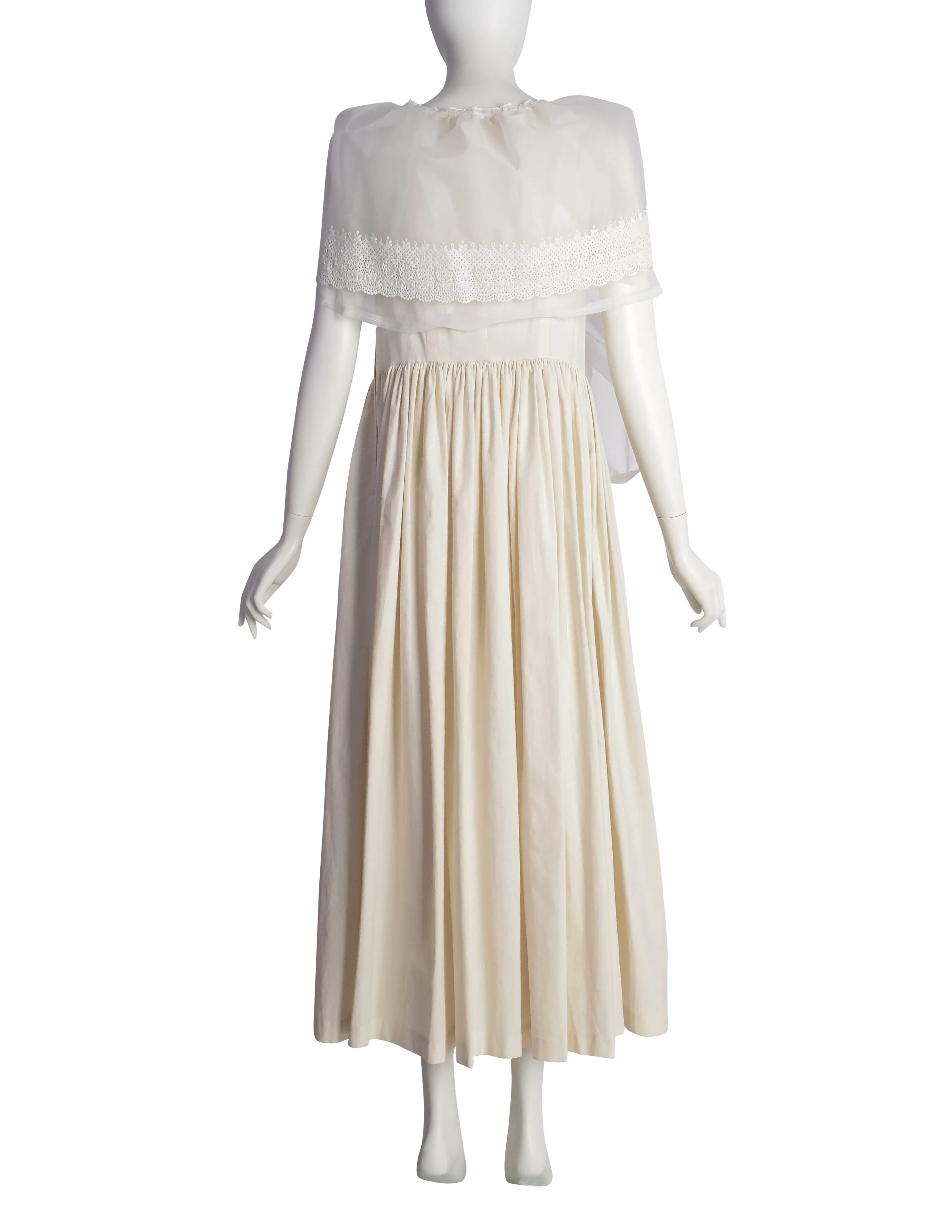Comme des Garcons Vintage SS 2002 Off-White Full Skirt Runway Dress with Huge Layered Embroidered Lace Collar