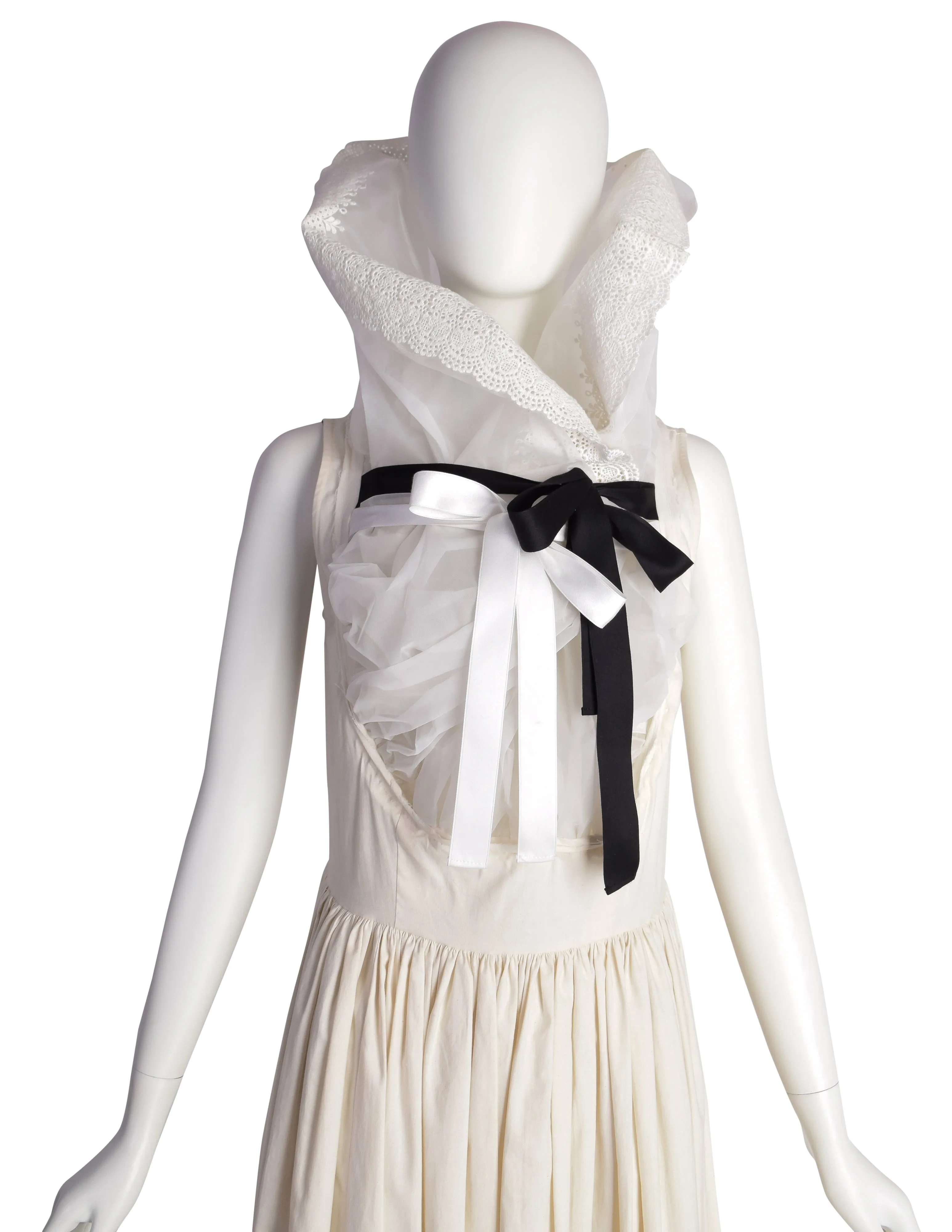 Comme des Garcons Vintage SS 2002 Off-White Full Skirt Runway Dress with Huge Layered Embroidered Lace Collar
