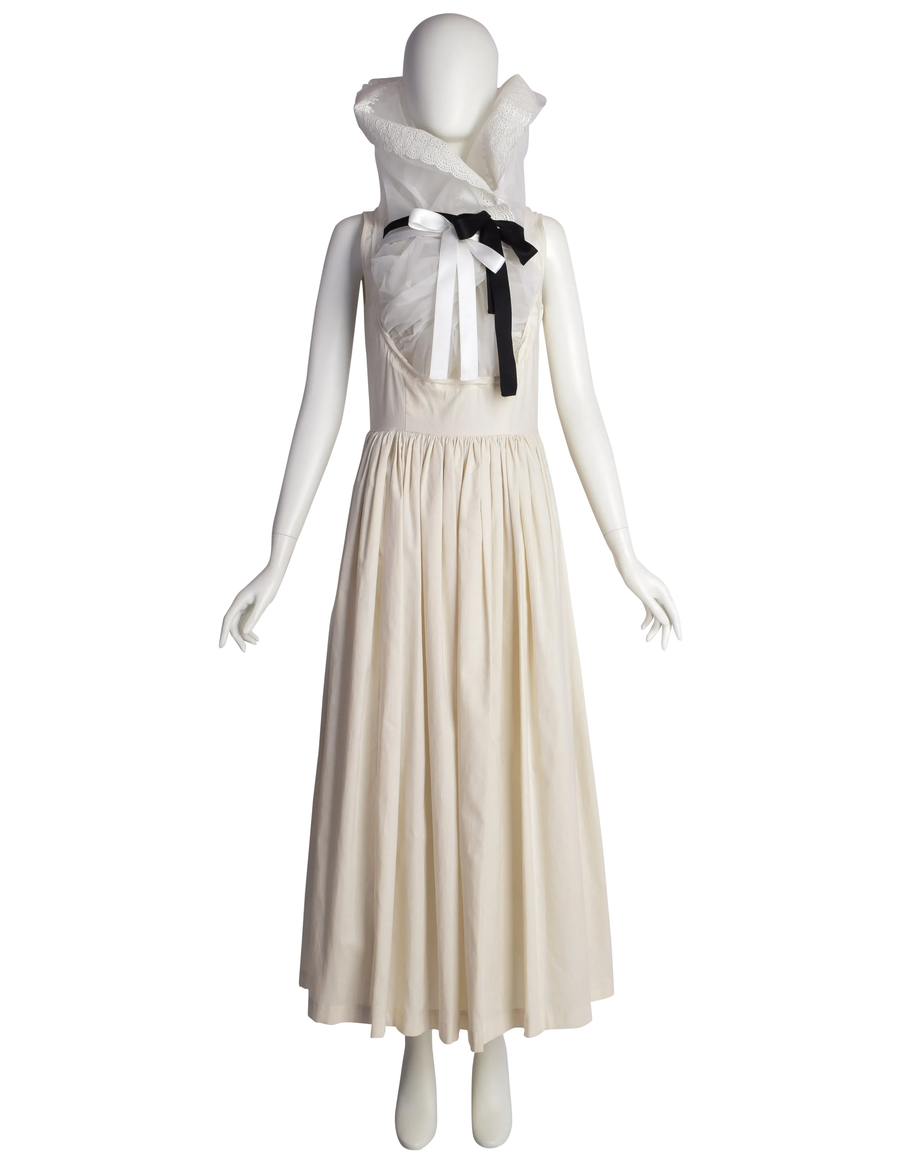 Comme des Garcons Vintage SS 2002 Off-White Full Skirt Runway Dress with Huge Layered Embroidered Lace Collar