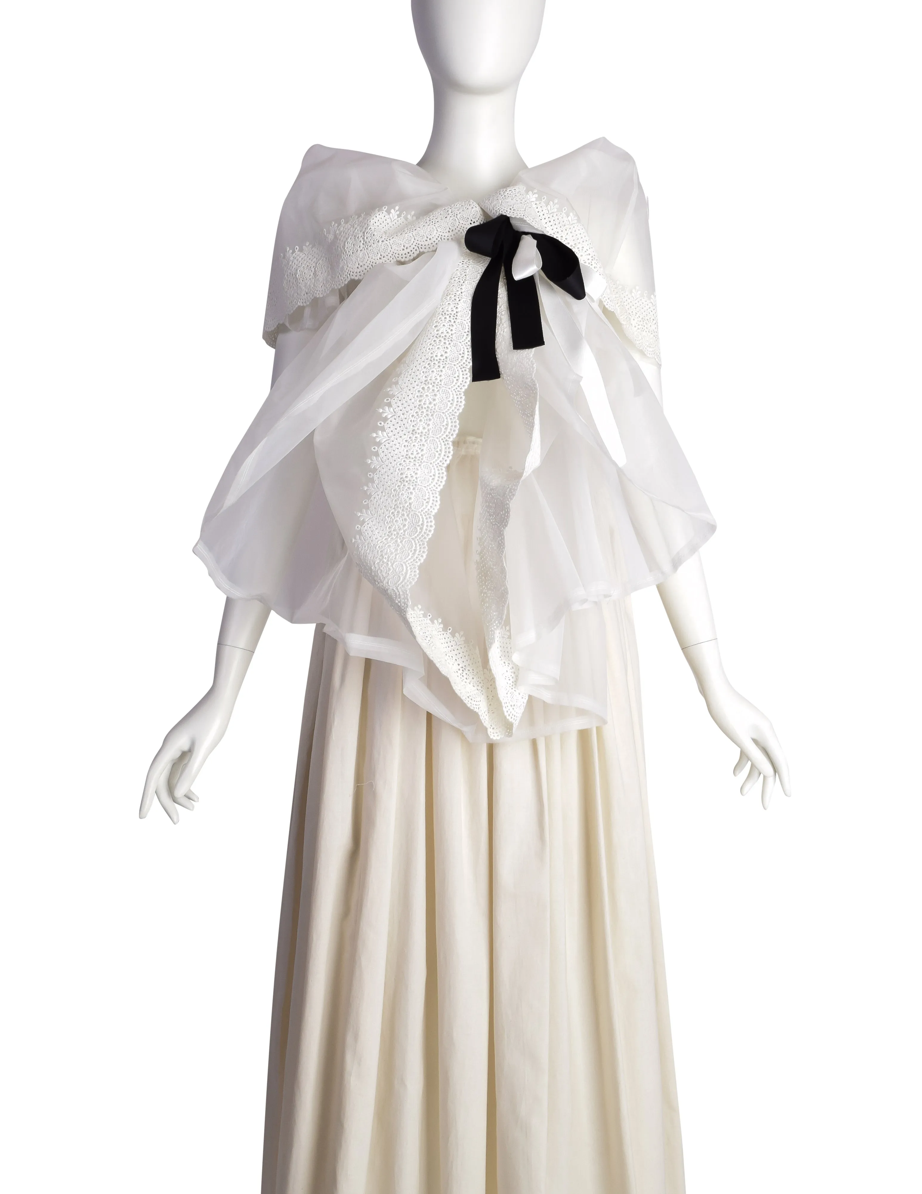 Comme des Garcons Vintage SS 2002 Off-White Full Skirt Runway Dress with Huge Layered Embroidered Lace Collar