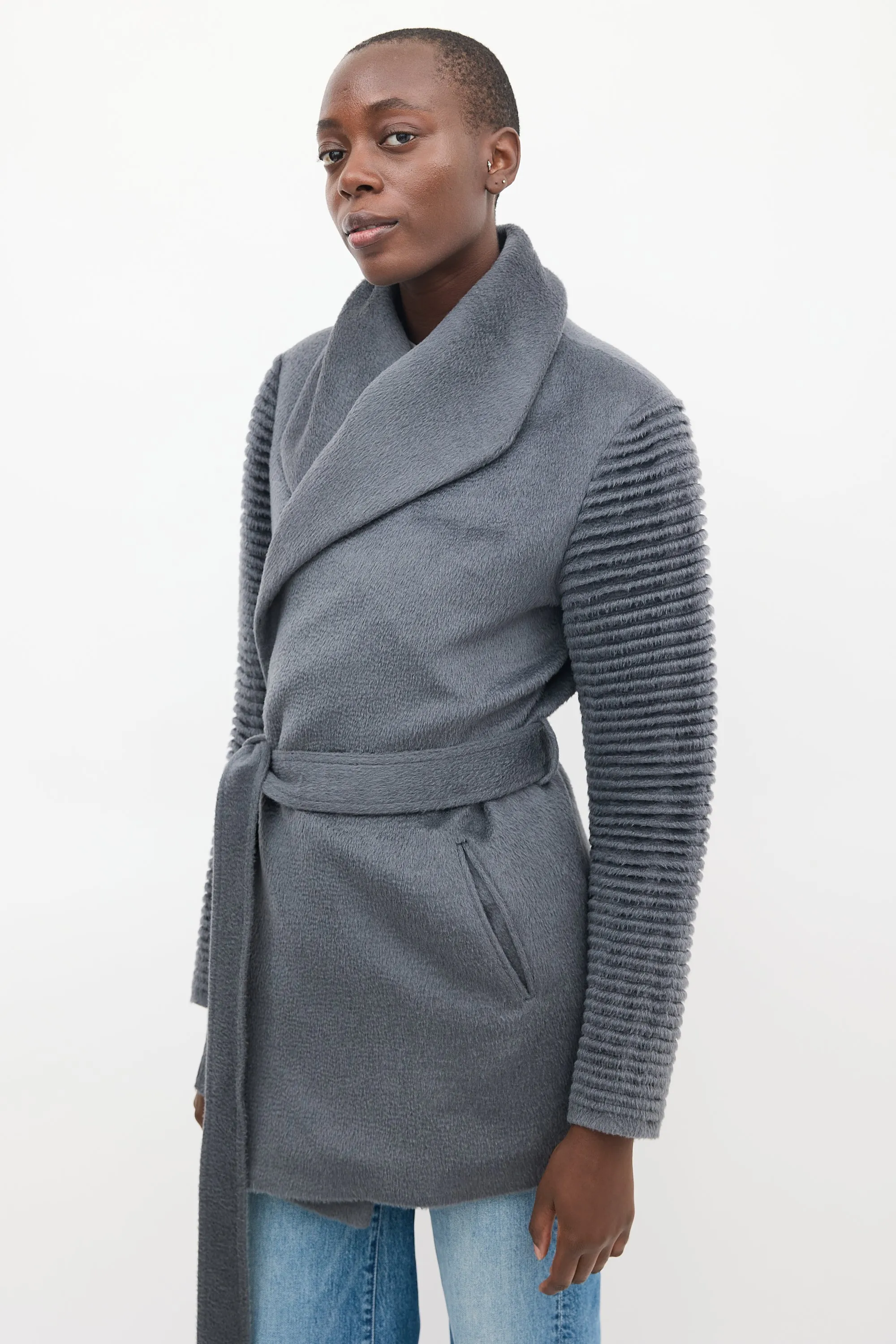 Dark Grey Wool Mid Length Wrap Coat