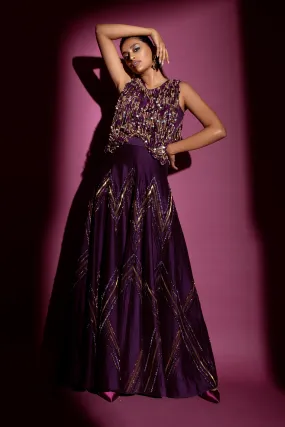 Deep Violet Hand-embroidered & Tasselled Upper Body Jumpsuit