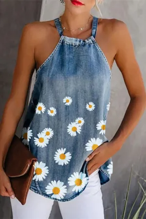 Denim Flower Scoop Tank Top