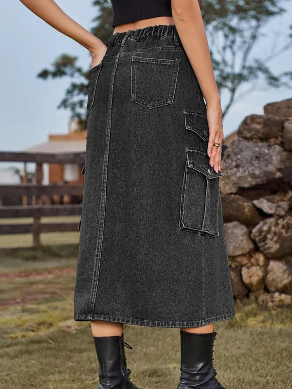 Elastic Waist Denim Cargo Casual Midi Skirt
