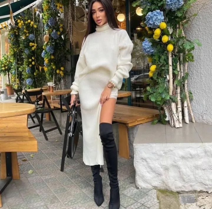 Fashionkova midi skirt outfit fall 2024 Hot Sale Autumn and Winter New Turtleneck Loose Pullover Top Split Sexy Long Skirt Two-Piece Set