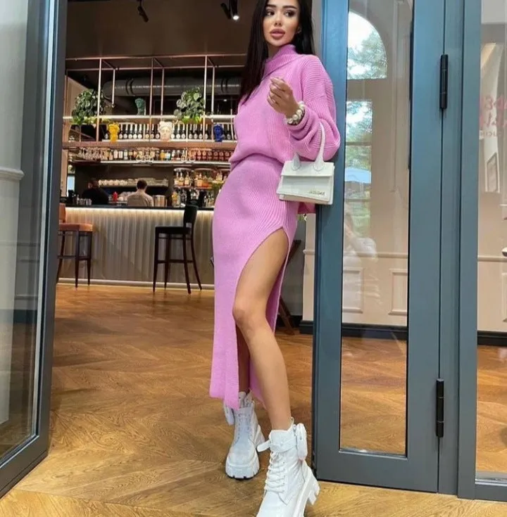 Fashionkova midi skirt outfit fall 2024 Hot Sale Autumn and Winter New Turtleneck Loose Pullover Top Split Sexy Long Skirt Two-Piece Set