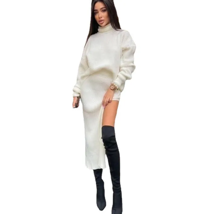 Fashionkova midi skirt outfit fall 2024 Hot Sale Autumn and Winter New Turtleneck Loose Pullover Top Split Sexy Long Skirt Two-Piece Set