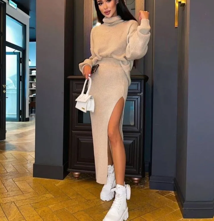 Fashionkova midi skirt outfit fall 2024 Hot Sale Autumn and Winter New Turtleneck Loose Pullover Top Split Sexy Long Skirt Two-Piece Set