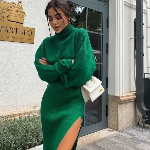 Fashionkova midi skirt outfit fall 2024 Hot Sale Autumn and Winter New Turtleneck Loose Pullover Top Split Sexy Long Skirt Two-Piece Set
