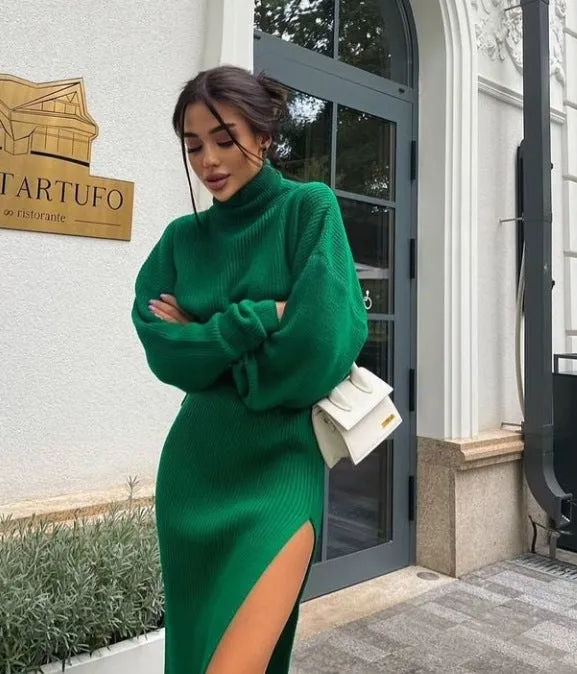 Fashionkova midi skirt outfit fall 2024 Hot Sale Autumn and Winter New Turtleneck Loose Pullover Top Split Sexy Long Skirt Two-Piece Set