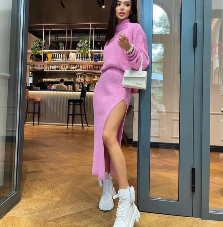 Fashionkova midi skirt outfit fall 2024 Hot Sale Autumn and Winter New Turtleneck Loose Pullover Top Split Sexy Long Skirt Two-Piece Set
