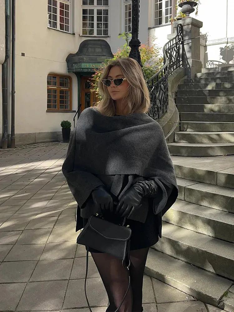 Fashionkova Women Brown Scarf Shawl Collar Short Wool Blends Coat Elegant Fashion Long Sleeve Casual Jacket 2024 Autumn New Street Outerwear