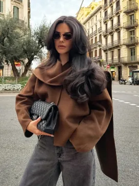 Fashionkova Women Brown Scarf Shawl Collar Short Wool Blends Coat Elegant Fashion Long Sleeve Casual Jacket 2024 Autumn New Street Outerwear