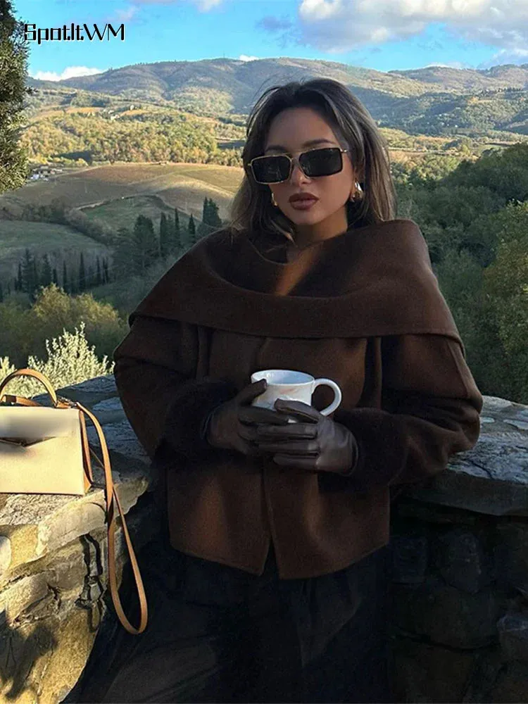 Fashionkova Women Brown Scarf Shawl Collar Short Wool Blends Coat Elegant Fashion Long Sleeve Casual Jacket 2024 Autumn New Street Outerwear