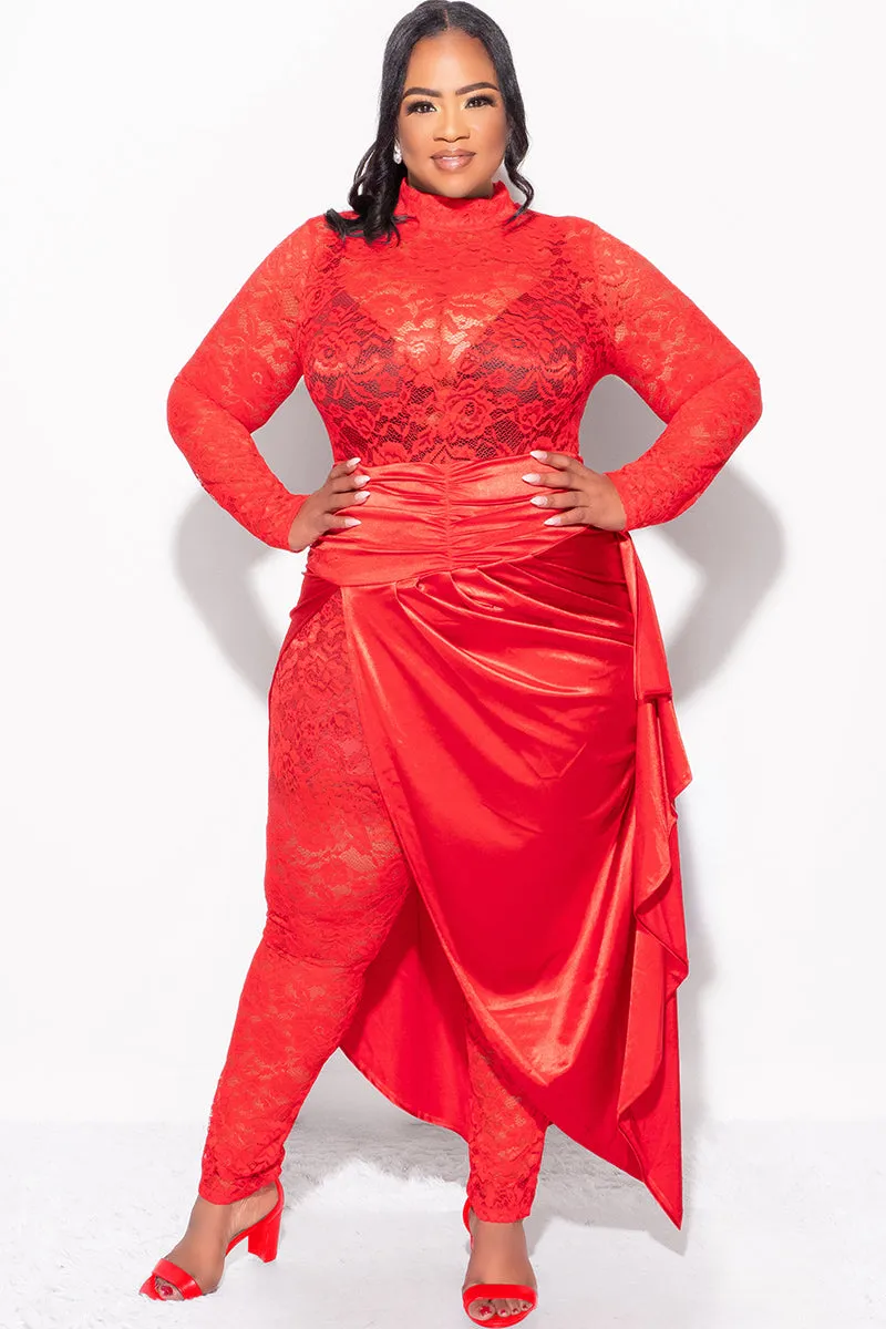 Final Sale Plus Size 2pc Lace Jumpsuit Set with Satin Skirt in Red