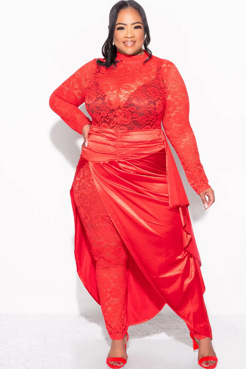 Final Sale Plus Size 2pc Lace Jumpsuit Set with Satin Skirt in Red