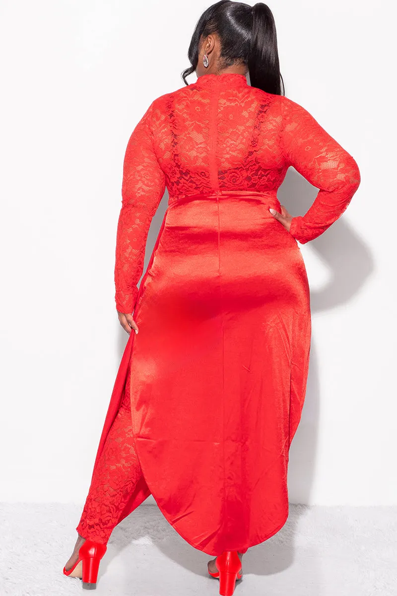 Final Sale Plus Size 2pc Lace Jumpsuit Set with Satin Skirt in Red