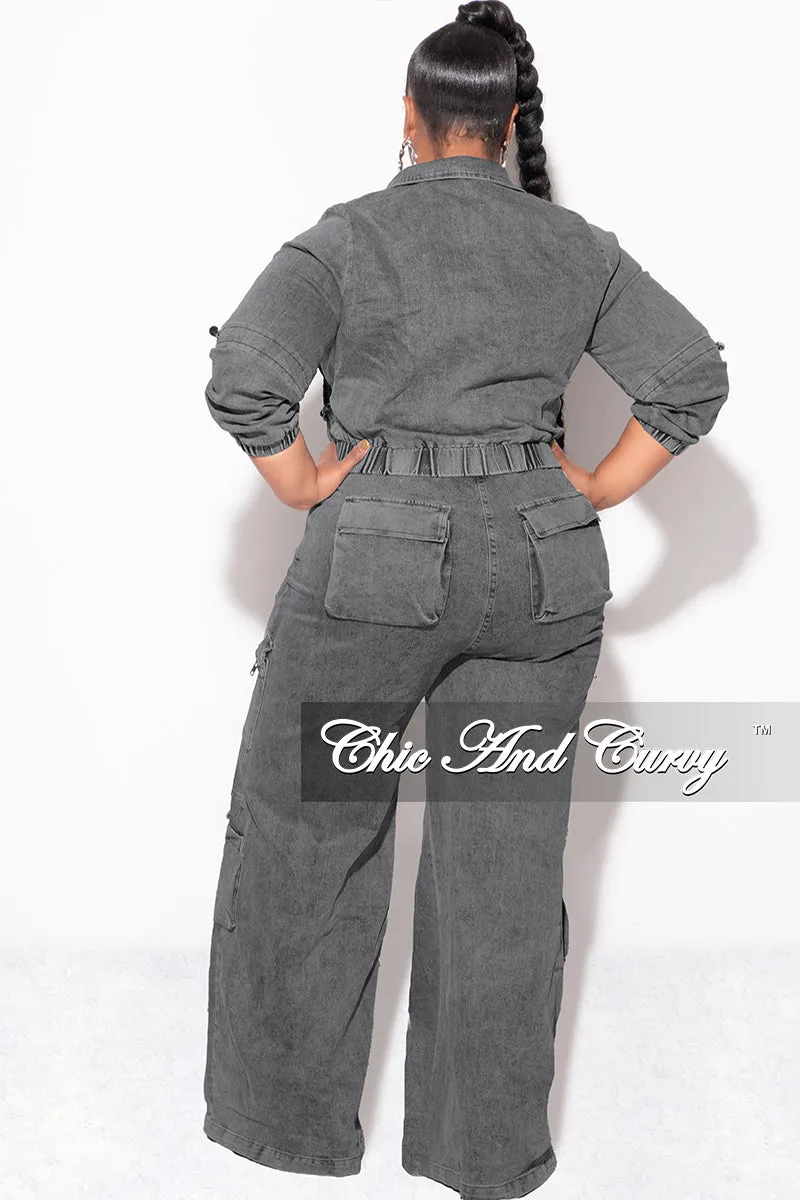 Final Sale Plus Size Zip Up Crop Cargo Jacket & Jeans Set in Brown