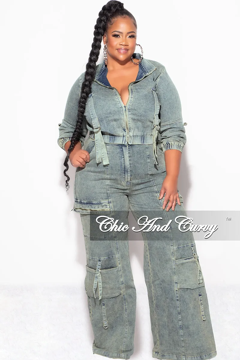 Final Sale Plus Size Zip Up Crop Cargo Jacket & Jeans Set in Warm Olive