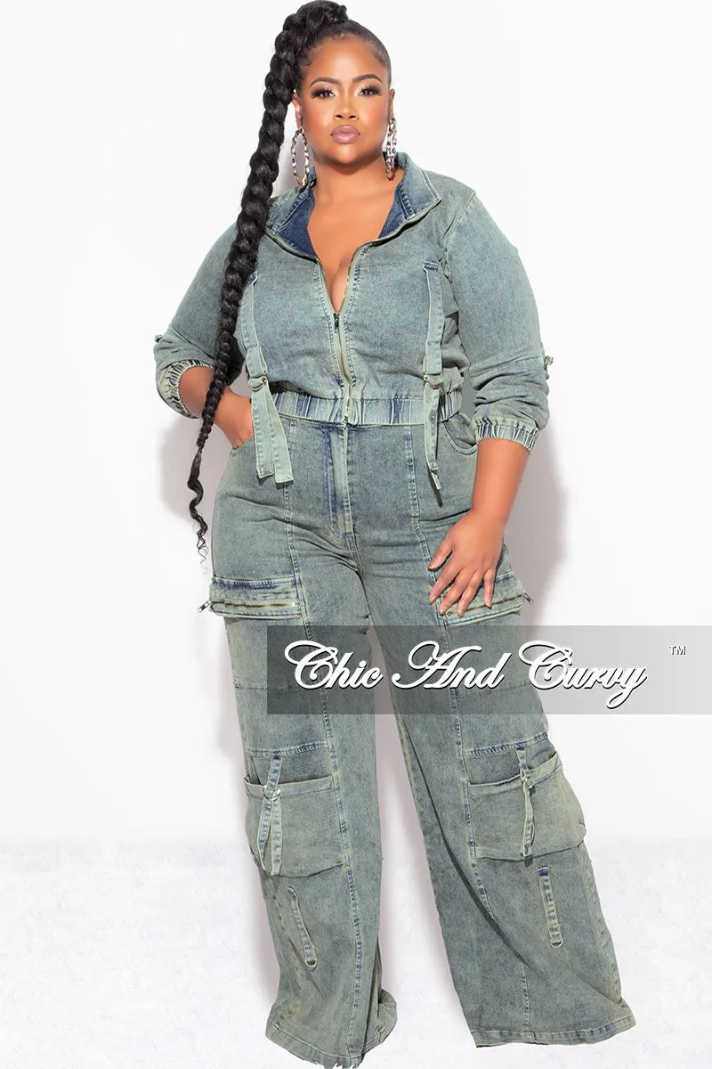Final Sale Plus Size Zip Up Crop Cargo Jacket & Jeans Set in Warm Olive