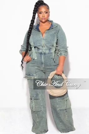 Final Sale Plus Size Zip Up Crop Cargo Jacket & Jeans Set in Warm Olive