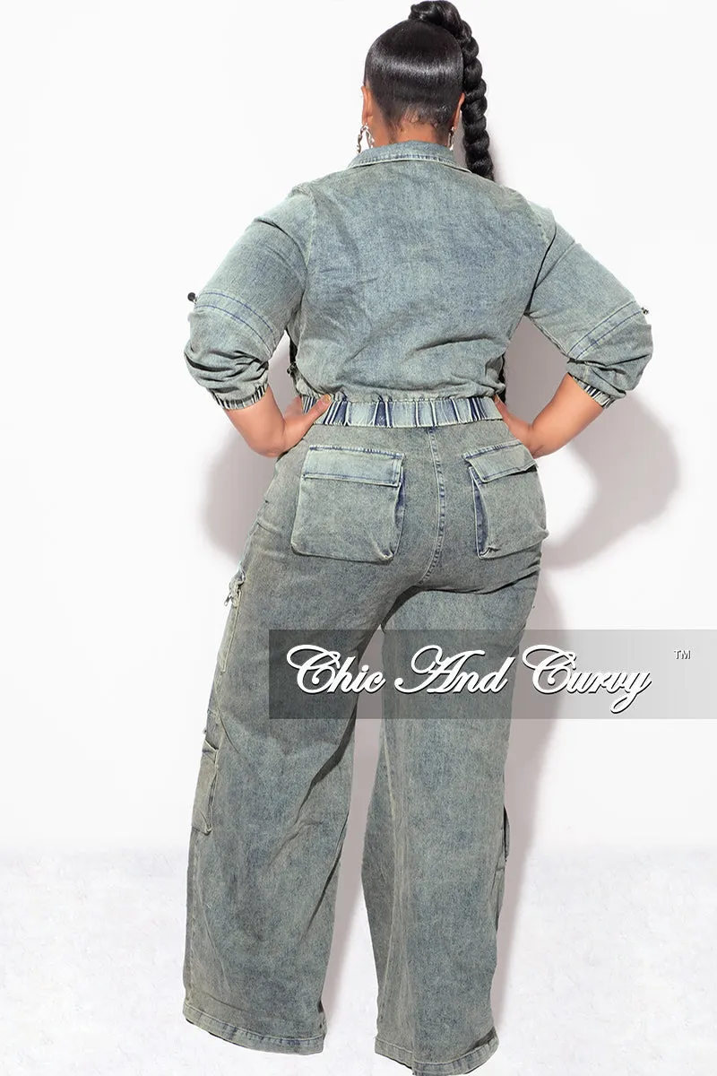 Final Sale Plus Size Zip Up Crop Cargo Jacket & Jeans Set in Warm Olive