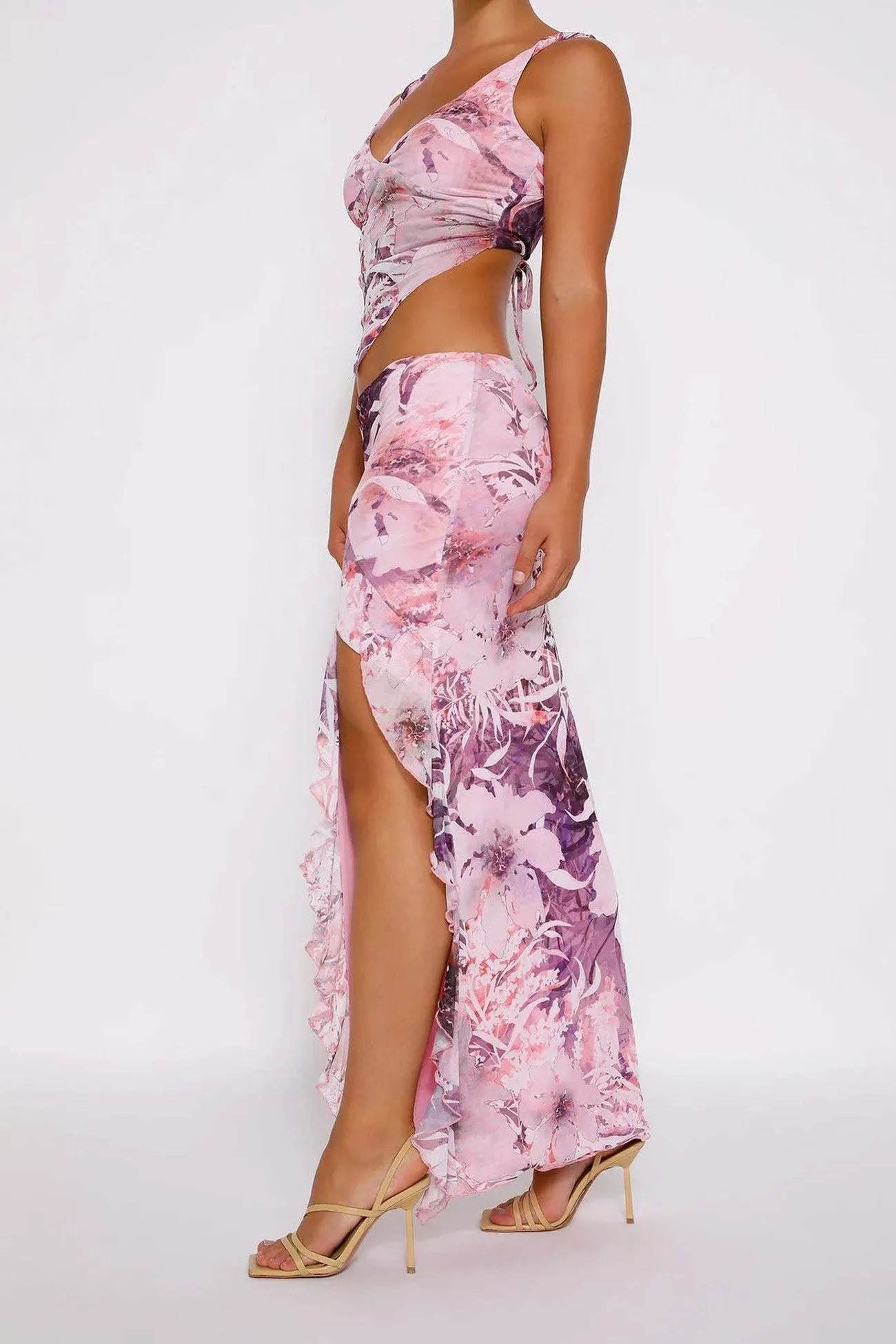 Floral Print Cami Vest Ruffle Midi Skirt Suits