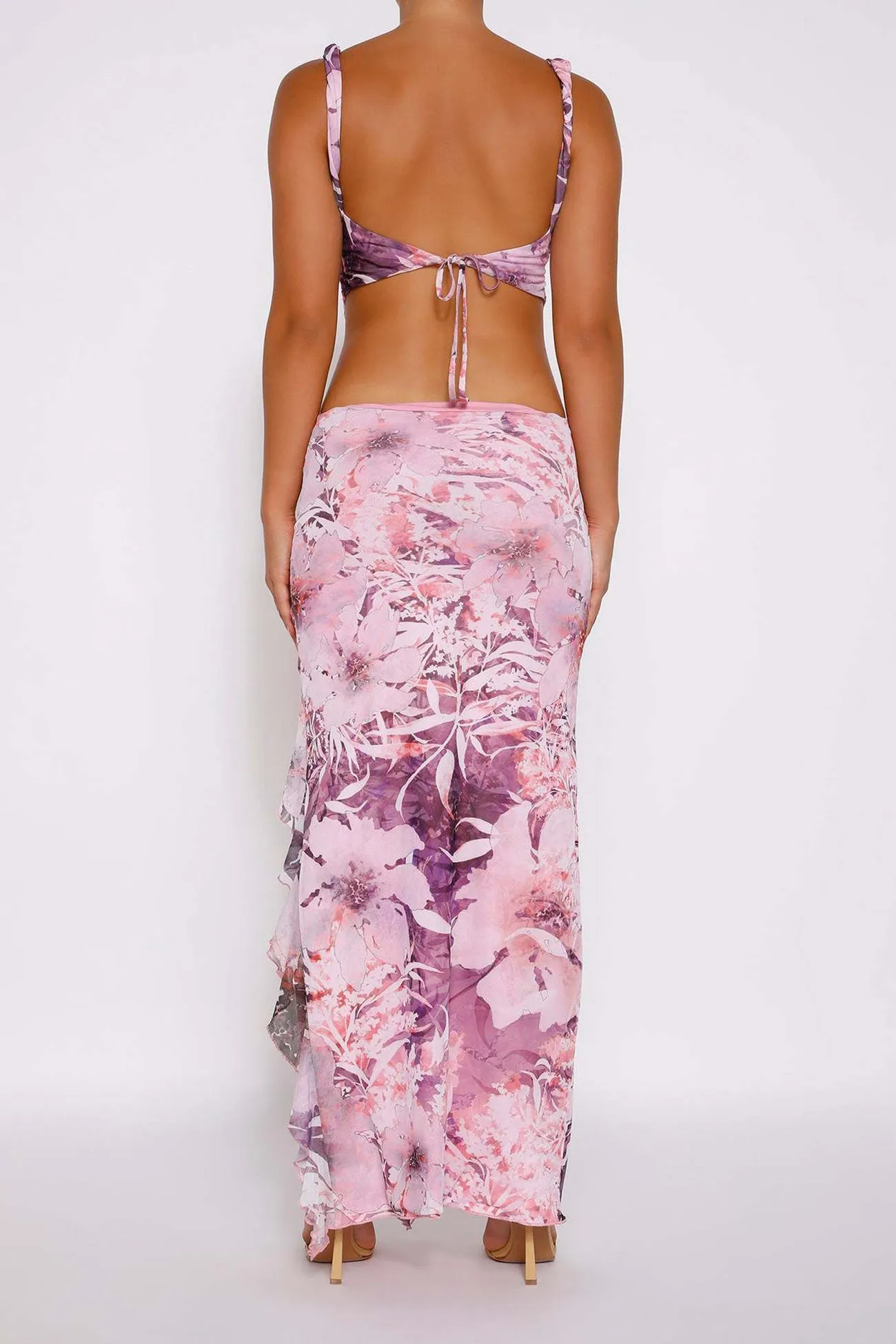 Floral Print Cami Vest Ruffle Midi Skirt Suits