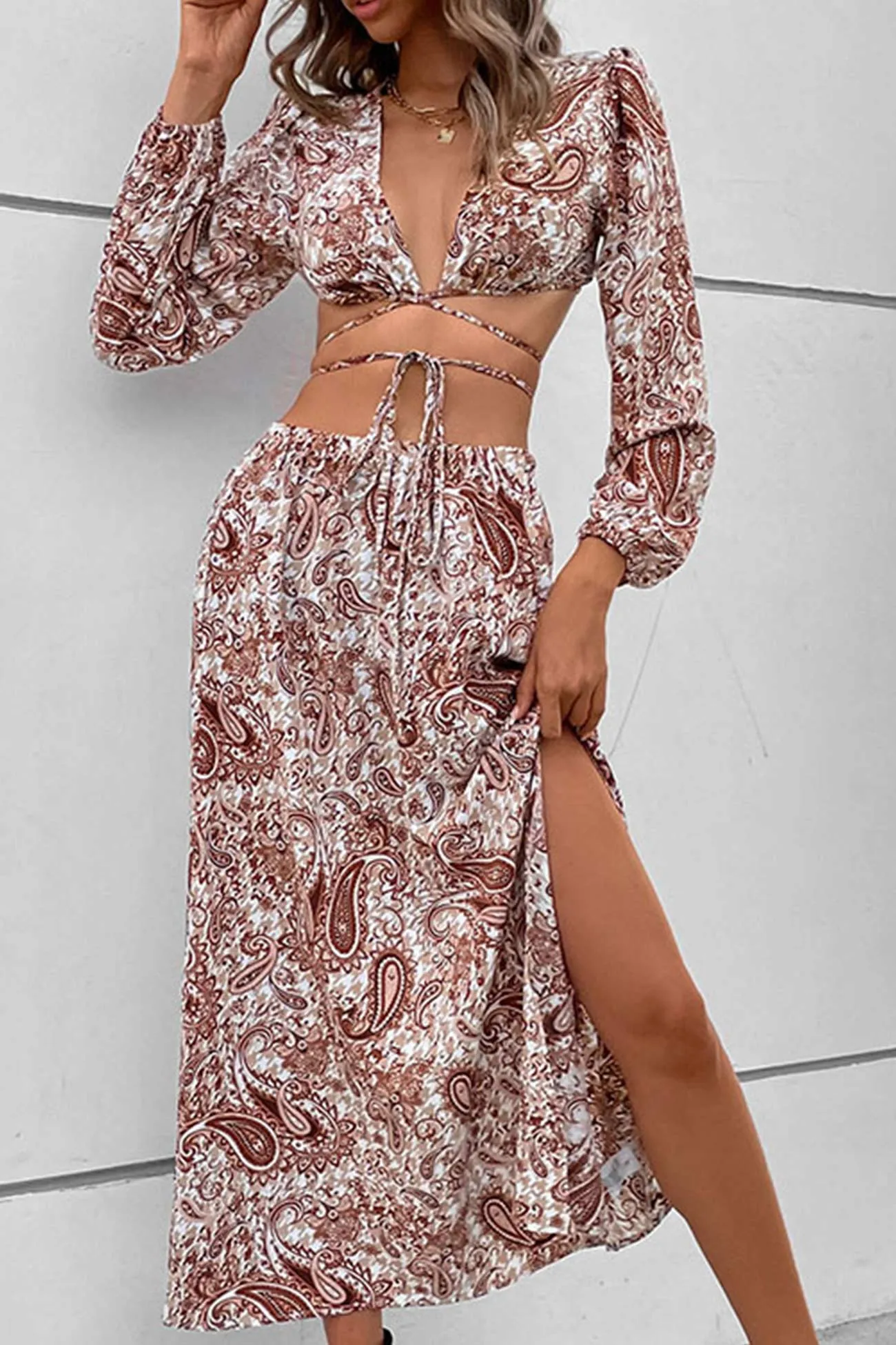 Floral Print Tie-up Crop Top Slit Midi Skirt Suits