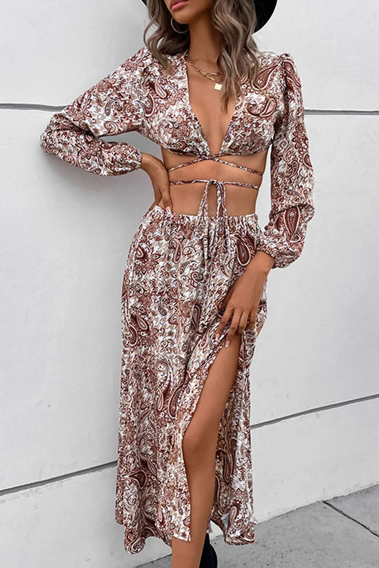 Floral Print Tie-up Crop Top Slit Midi Skirt Suits