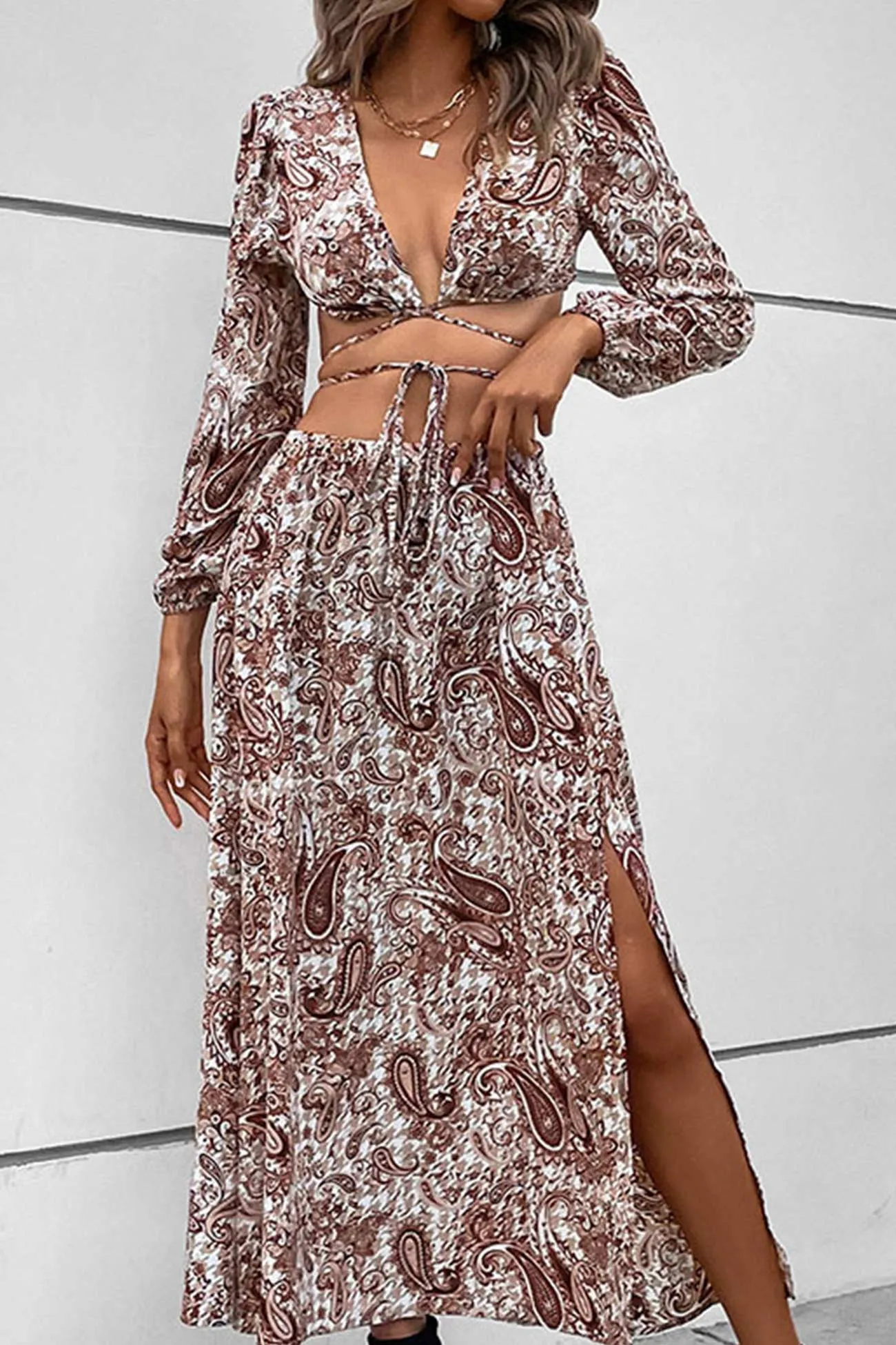 Floral Print Tie-up Crop Top Slit Midi Skirt Suits