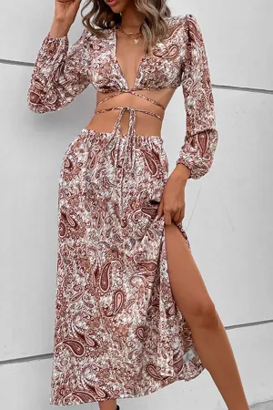 Floral Print Tie-up Crop Top Slit Midi Skirt Suits