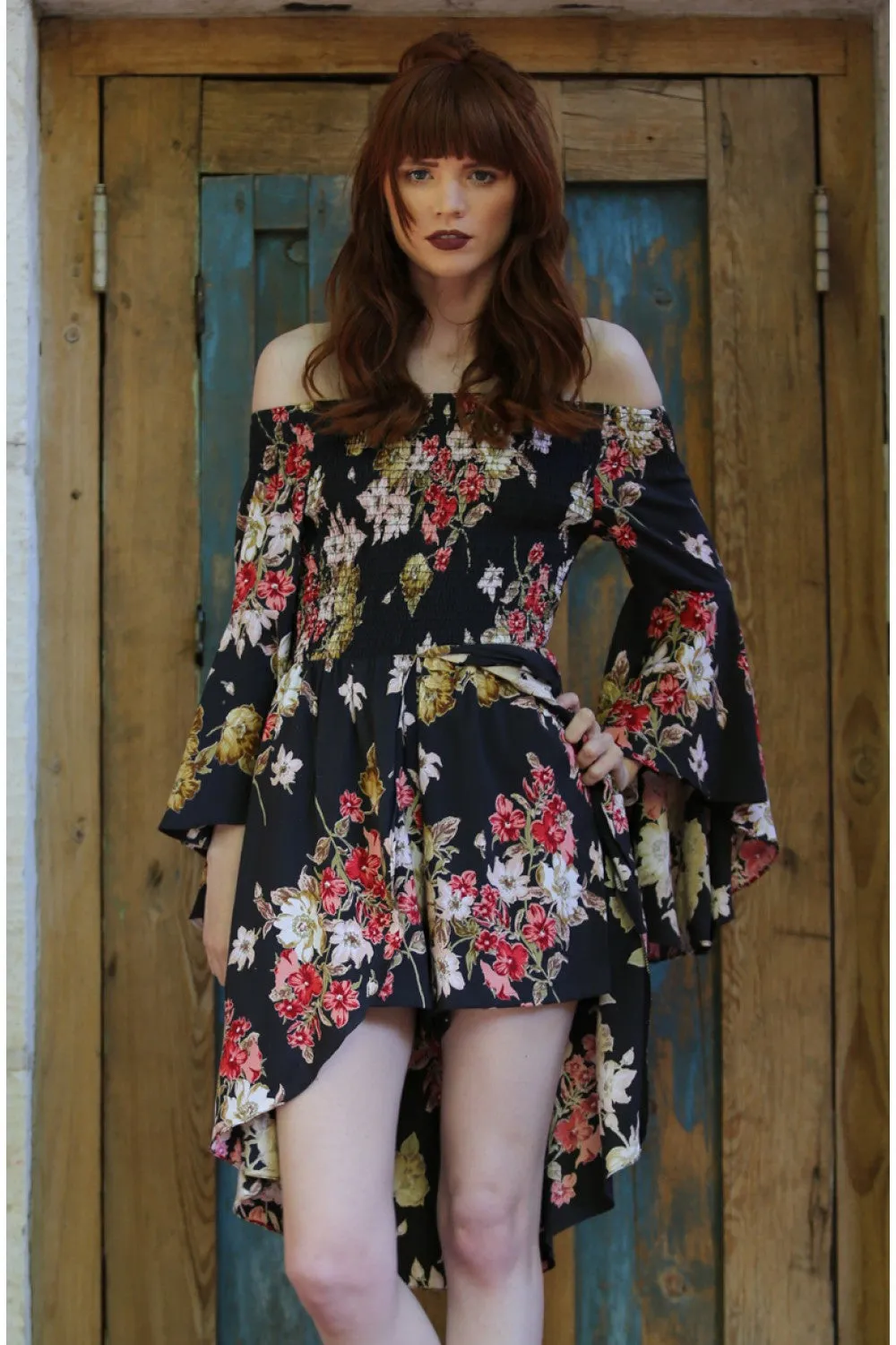 Floral Walk Through Romper, Black
