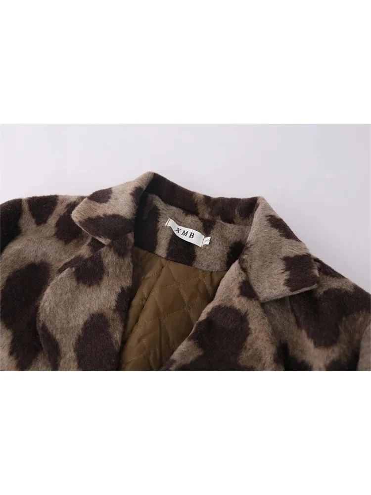 Girlary Winter Women Old Money Leopard Print Jacket 90s Vintage Blazer Woolen Coat Single-breasted Outwear Warm Thick Oversize Harajuku