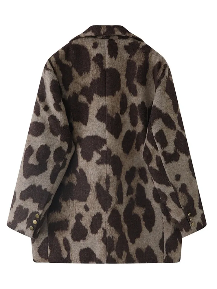 Girlary Winter Women Old Money Leopard Print Jacket 90s Vintage Blazer Woolen Coat Single-breasted Outwear Warm Thick Oversize Harajuku