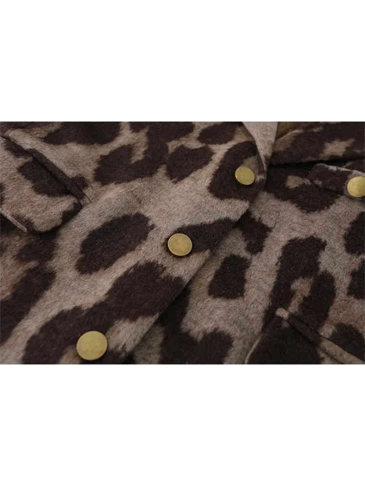 Girlary Winter Women Old Money Leopard Print Jacket 90s Vintage Blazer Woolen Coat Single-breasted Outwear Warm Thick Oversize Harajuku