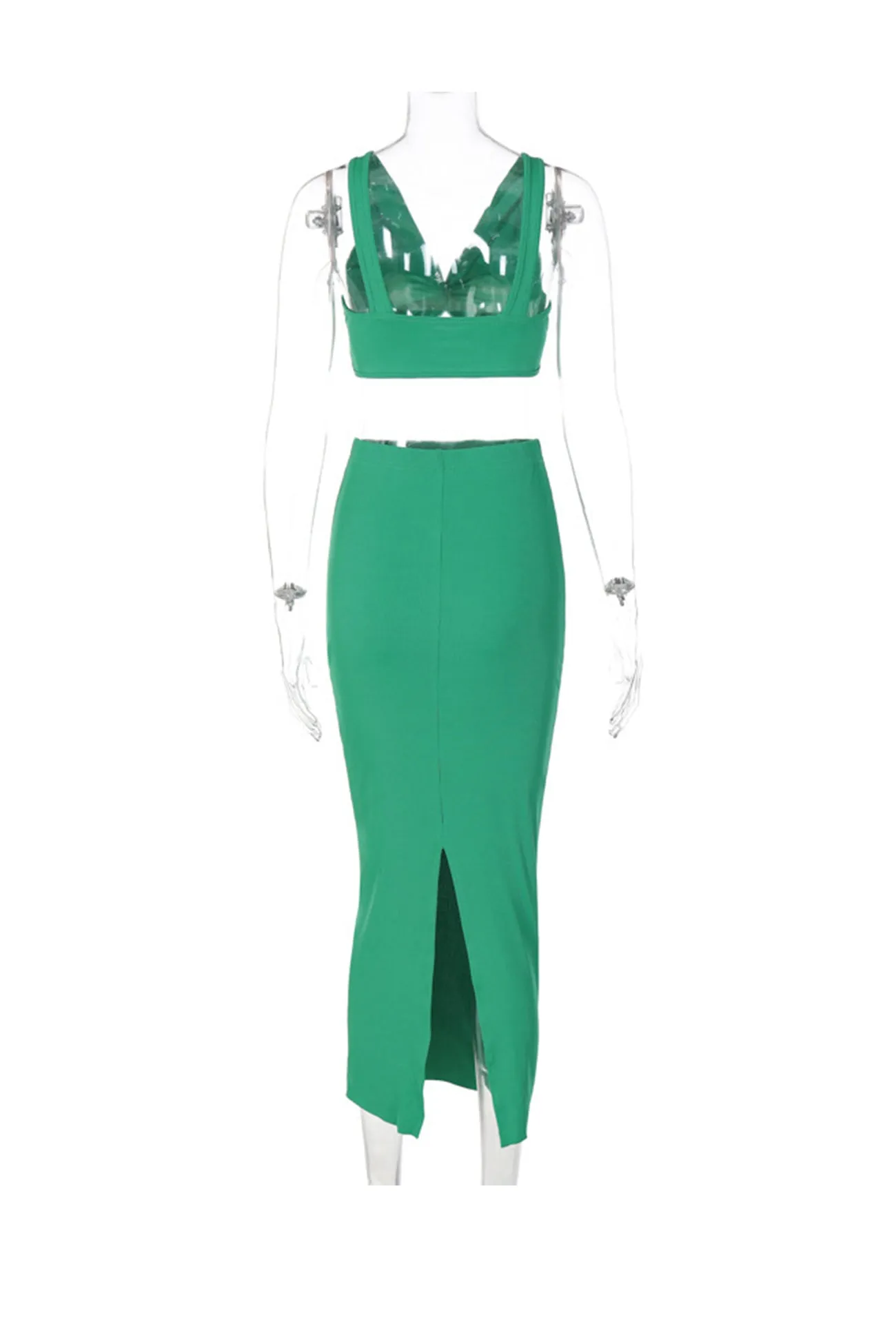 Green Twisted-front Tank Top Slit Midi Skirt Suits