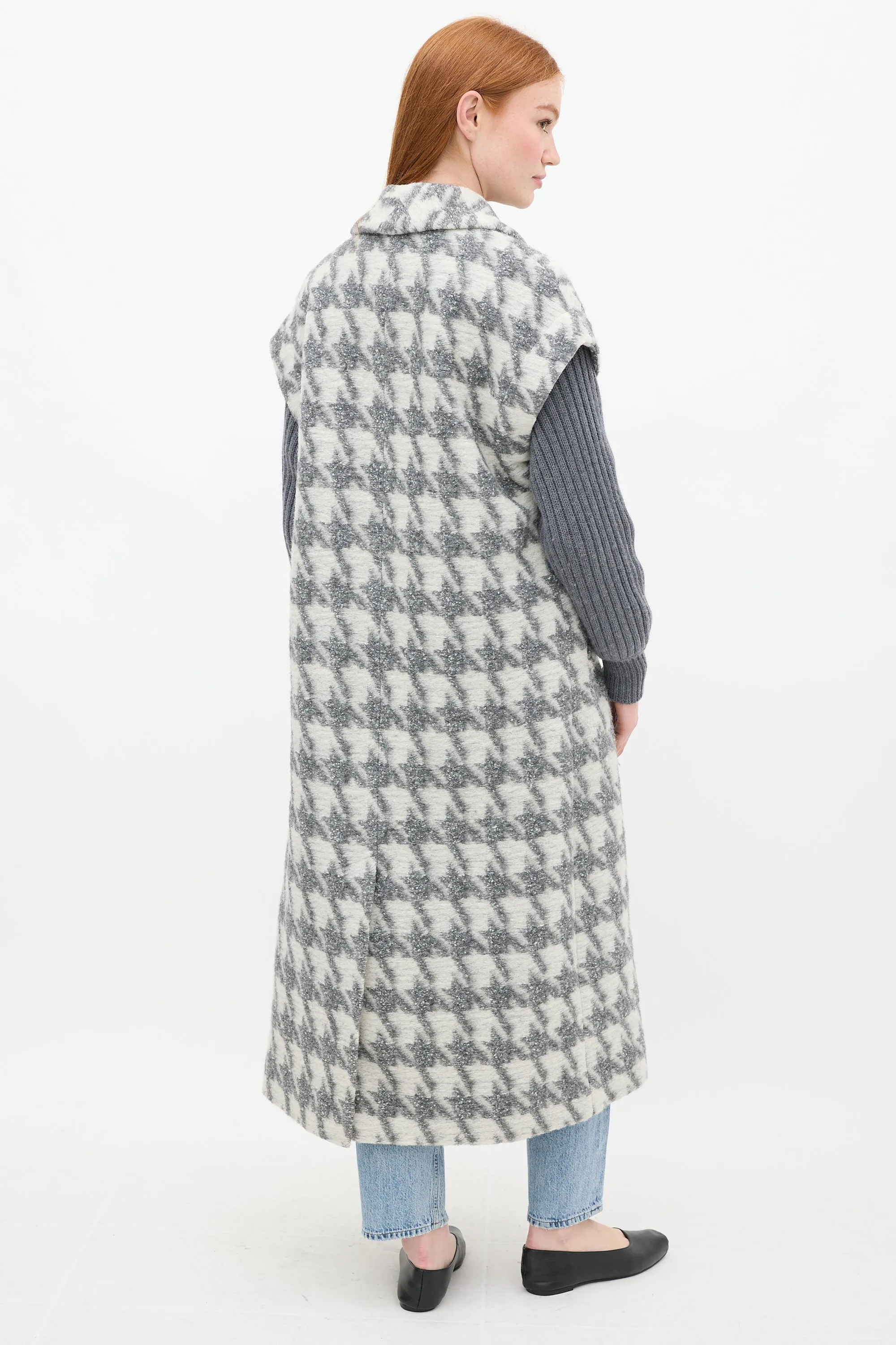 Grey & White Houndstooth Woven Coat