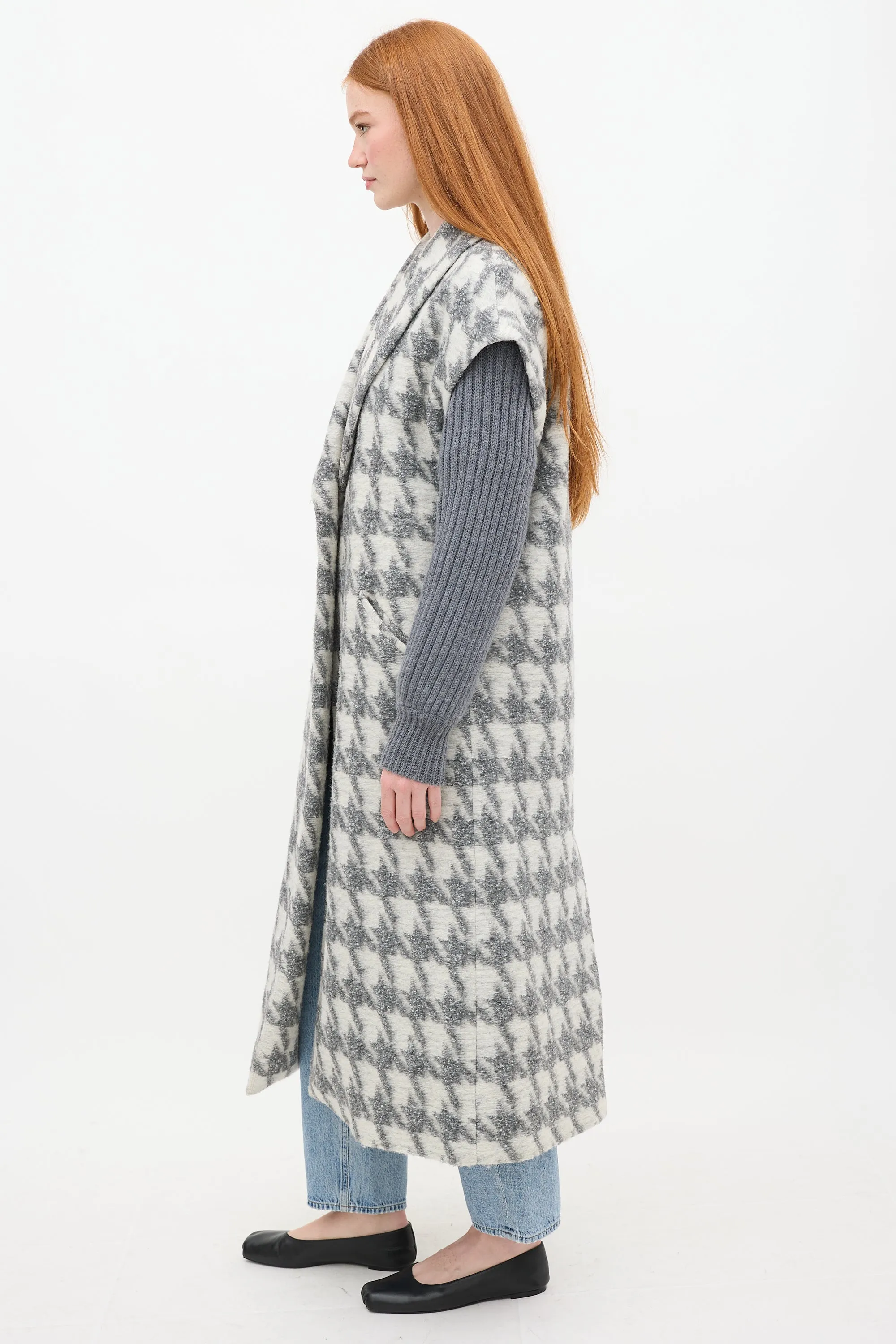 Grey & White Houndstooth Woven Coat