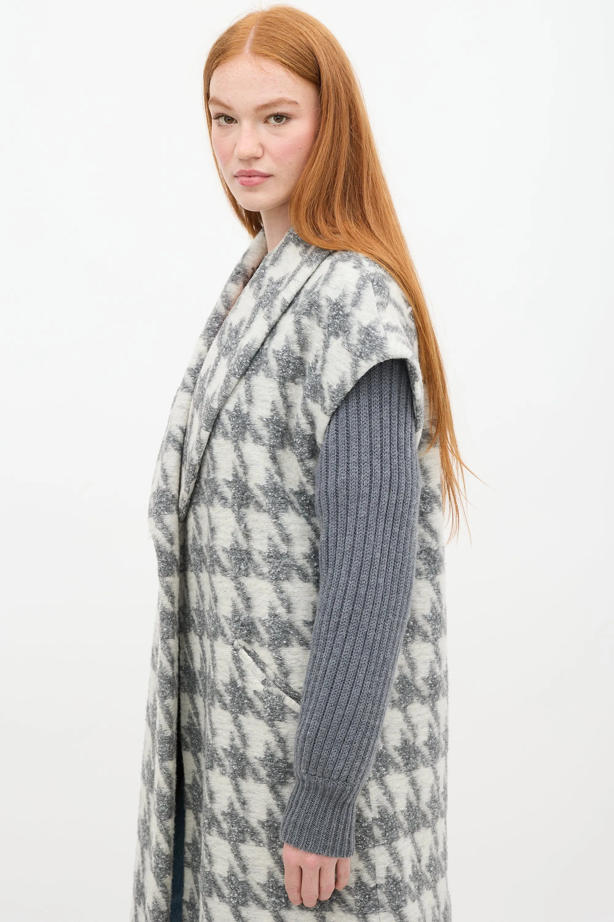 Grey & White Houndstooth Woven Coat