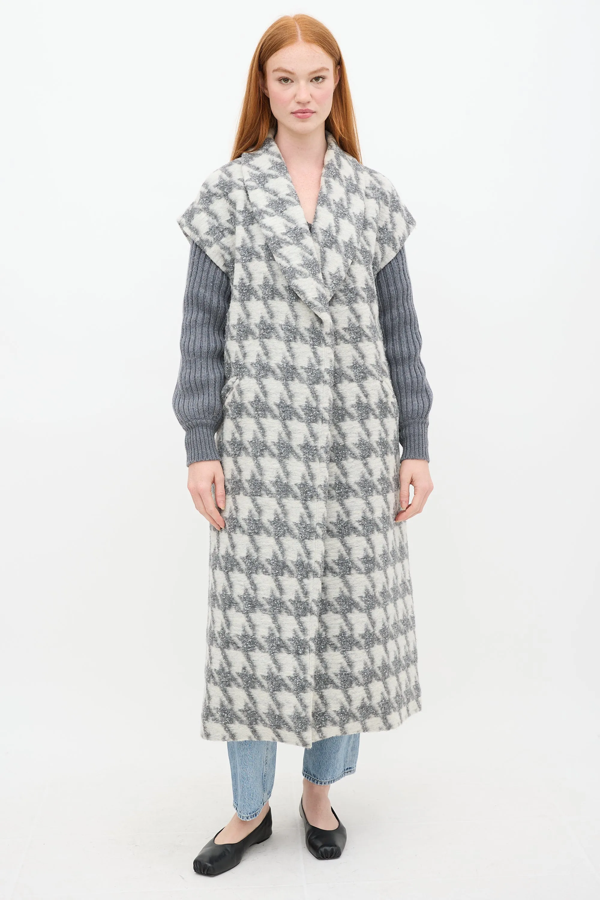 Grey & White Houndstooth Woven Coat