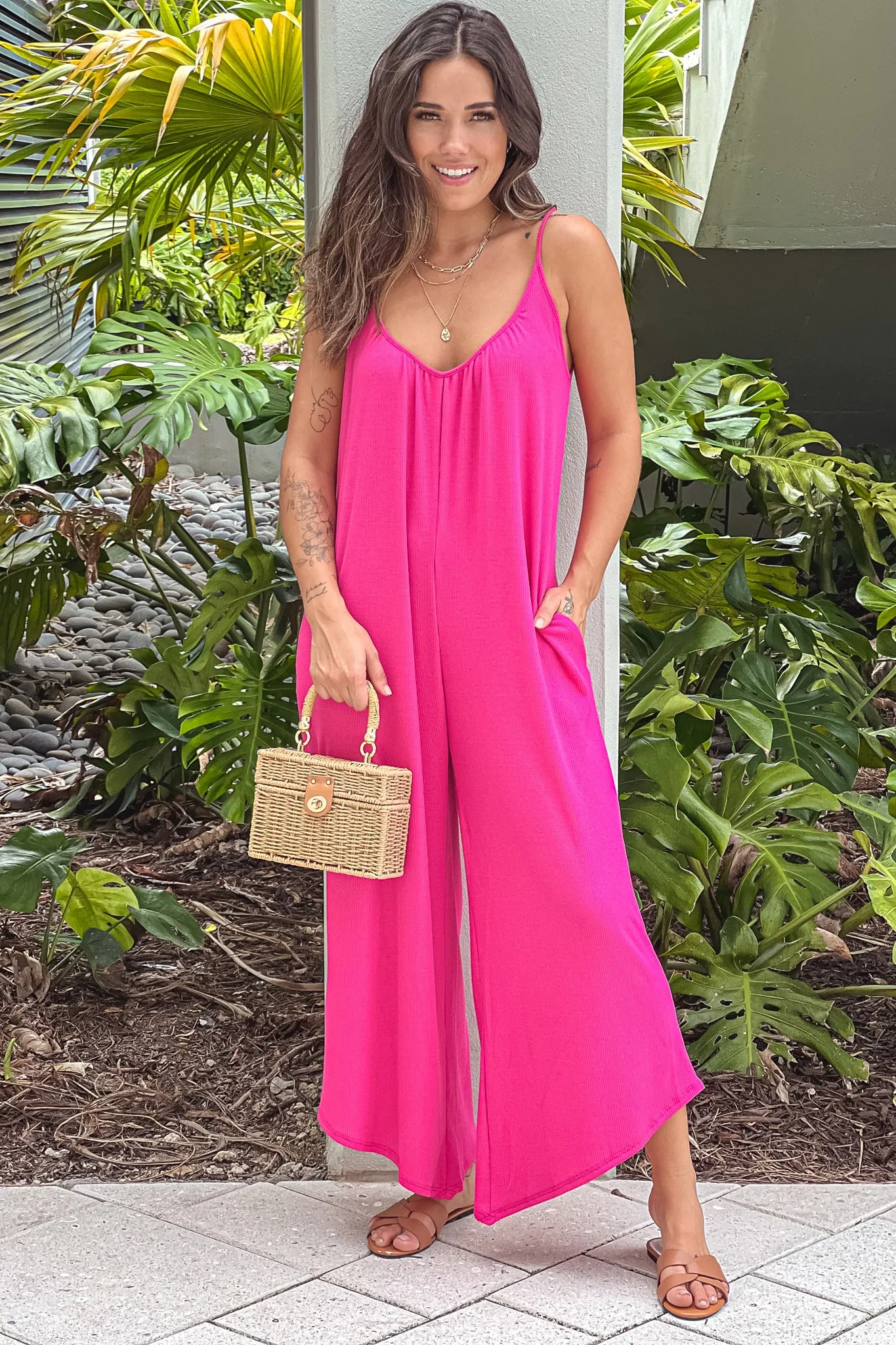 Hot Pink Adjustable Strap Jumpsuit With Pockets