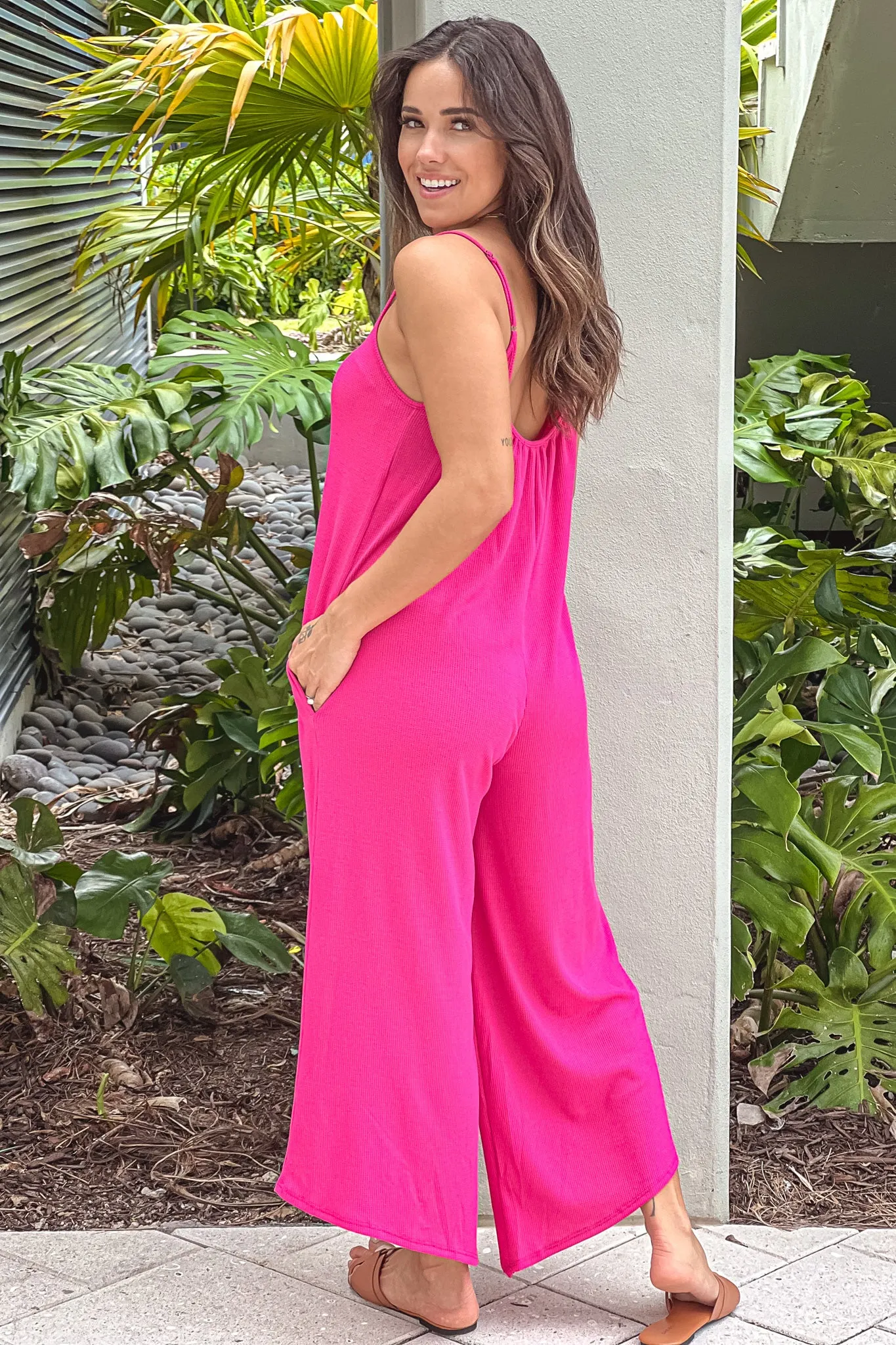Hot Pink Adjustable Strap Jumpsuit With Pockets