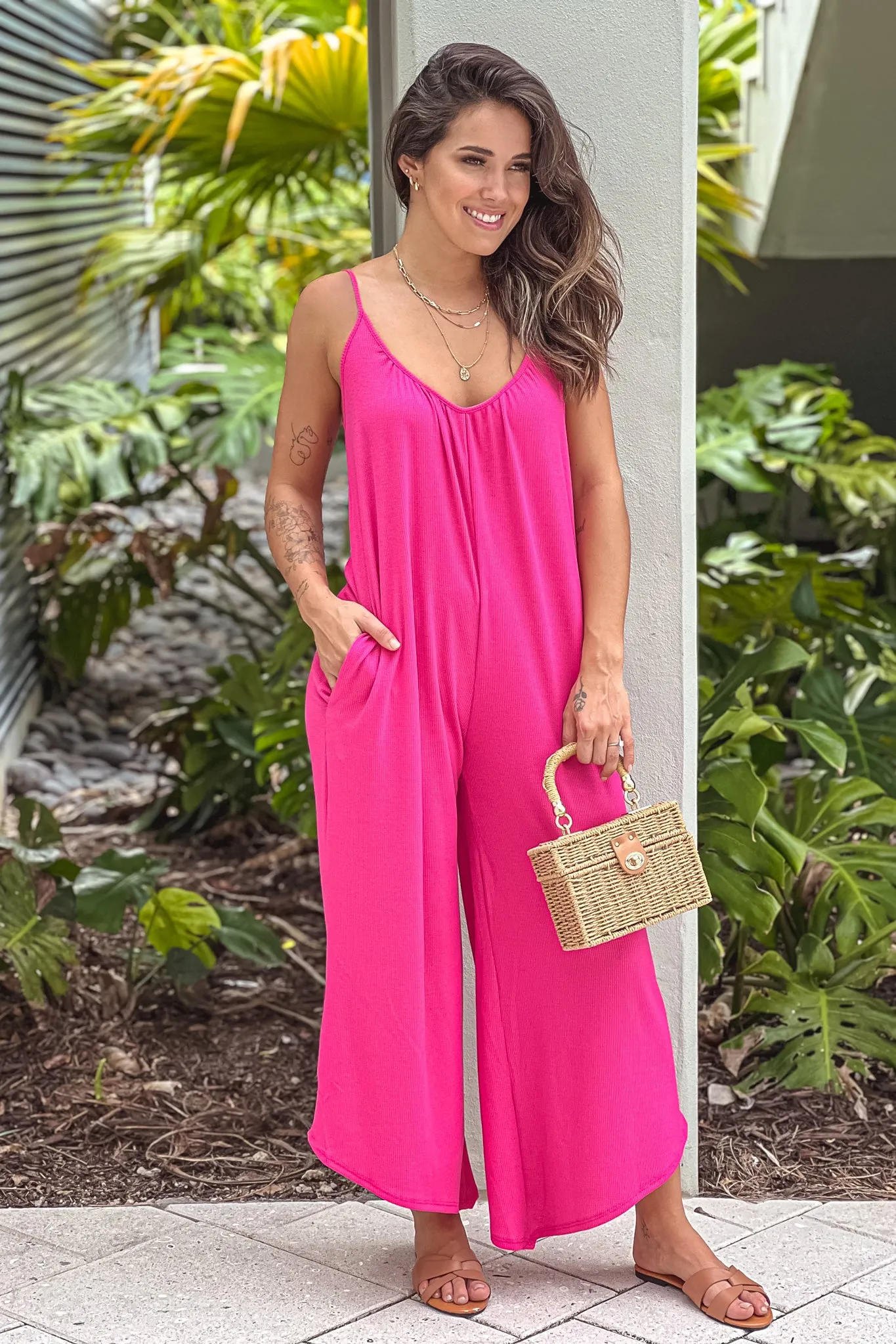 Hot Pink Adjustable Strap Jumpsuit With Pockets