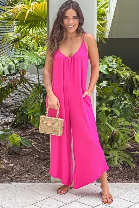 Hot Pink Adjustable Strap Jumpsuit With Pockets